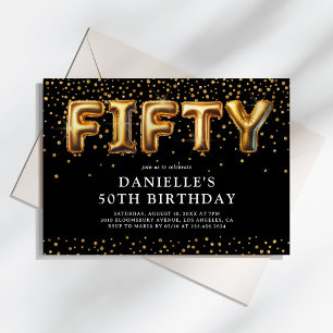 Black and Gold 50th Birthday Balloons Invitation