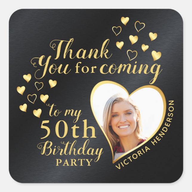 Black and Gold 50th Birthday Custom Thank You Square Sticker (Front)