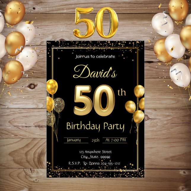 Black and Gold 50th Birthday Invitation (Creator Uploaded)
