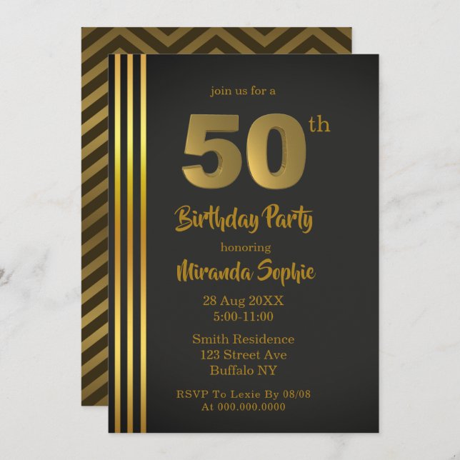 Black and Gold 50th Birthday Invitations (Front/Back)