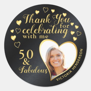 Black and Gold 50th Birthday Party Thank You Classic Round Sticker