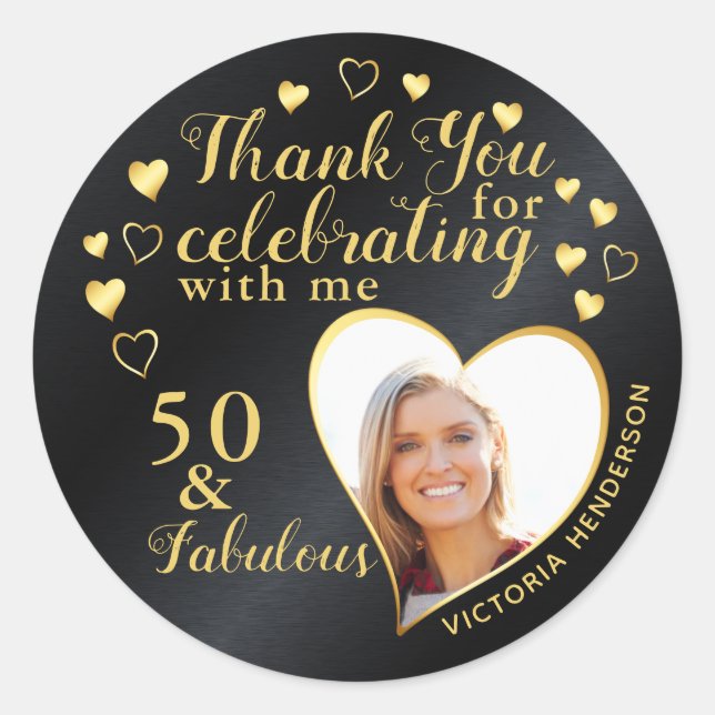 Black and Gold 50th Birthday Party Thank You Classic Round Sticker (Front)