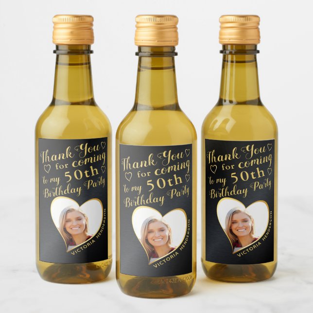 Black and Gold 50th Birthday Photo Thank You Wine Label (Bottles)