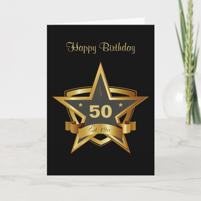Black and Gold 50th Birthday Star Card (Front)