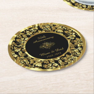 Black And Gold 50th Wedding Anniversary Round Paper Coaster