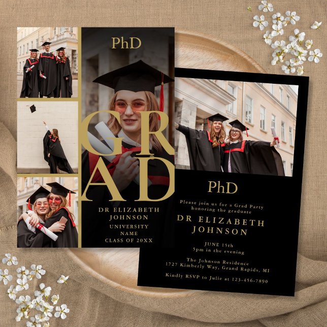 Black And Gold 5 Photo PhD Degree Graduation Party Invitation (Black And Gold 5 Photo PhD Degree Graduation Party Invitation)