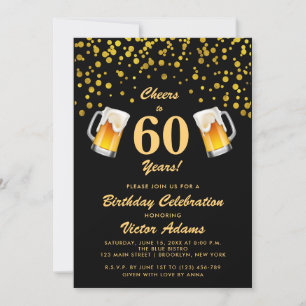 Black and Gold 60th Birthday Cheers and Beers Invitation