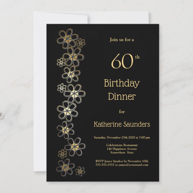 Black and Gold 60th Birthday Dinner Party Invitation (Front)