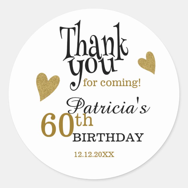 Black And Gold 60th Birthday Thank You Favour  Classic Round Sticker (Front)