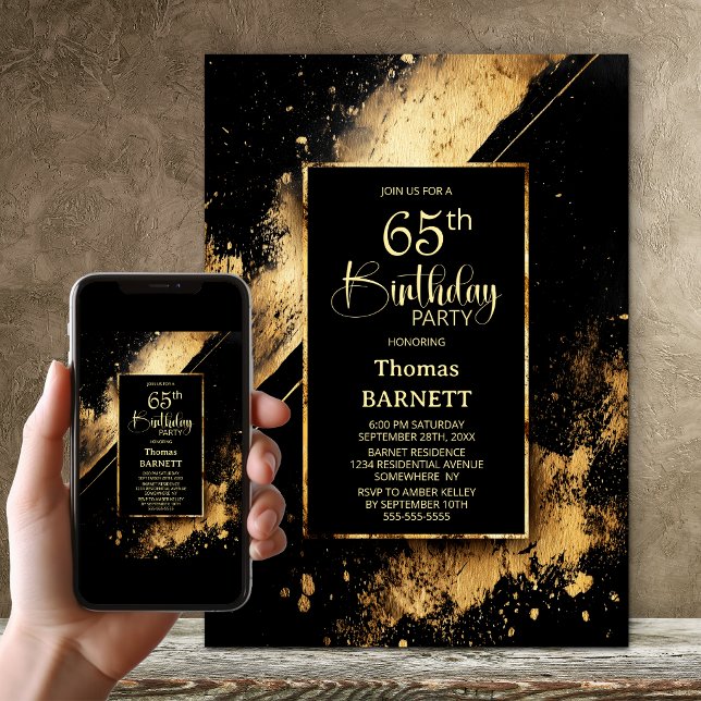 Black and Gold 65th Birthday Party Invitation (Creator Uploaded)