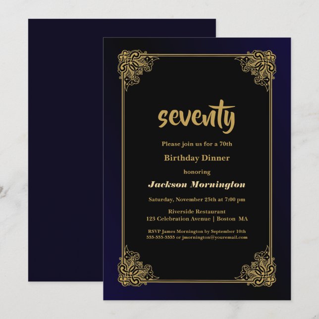 Black and Gold 70th Birthday Dinner Invitation (Front/Back)