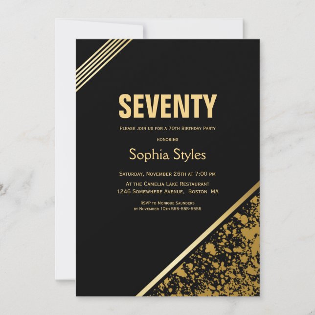 Black and Gold 70th Birthday Party Invitation (Front)