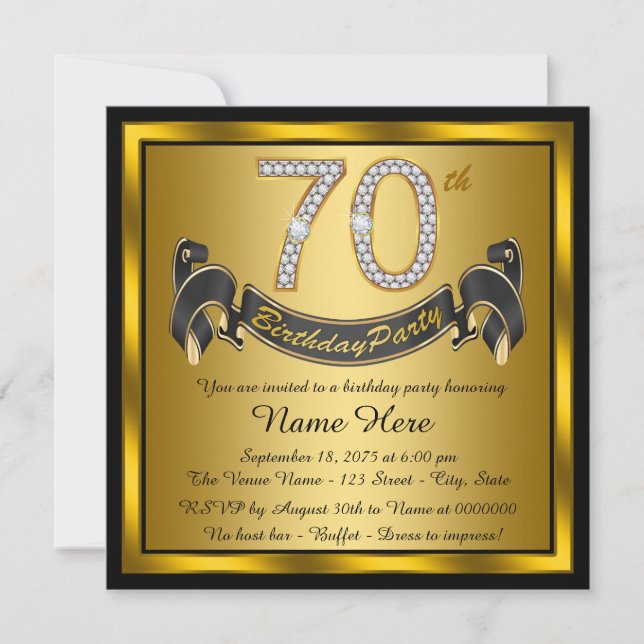 Black and Gold 70th Birthday Party Invitation (Front)