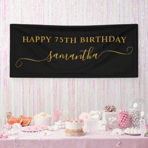 Black and Gold 75th Birthday Girly Swash Name Banner
