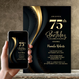 Black and Gold 75th Birthday Party Invitation