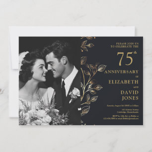Black And Gold 75th Wedding Anniversary Photo Invitation