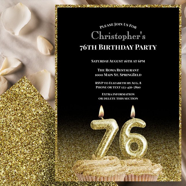 Black and Gold 76th Birthday Invitation For Him (Creator Uploaded)