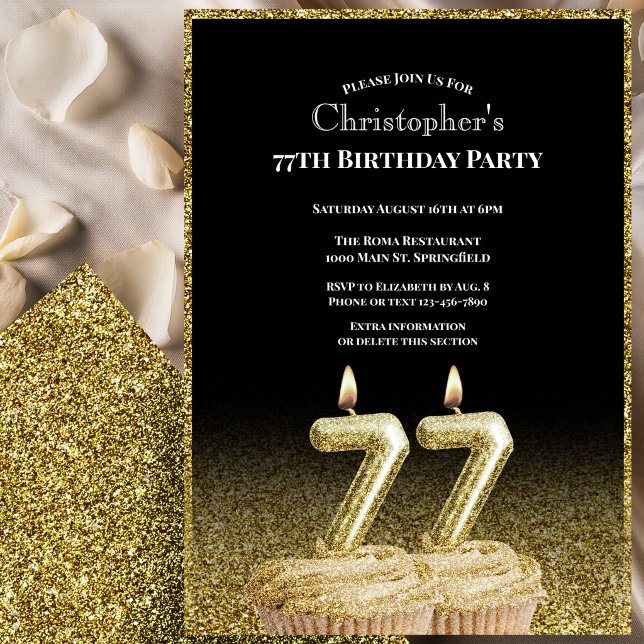 Black and Gold 77th Birthday Invitation For Him (Creator Uploaded)