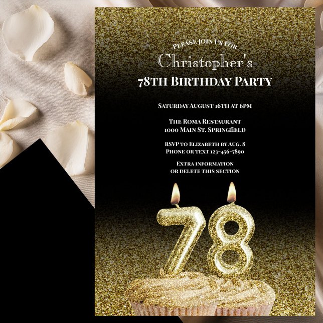 Black and Gold 78th Birthday Invitation For Him (Creator Uploaded)