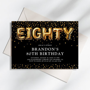 Black and Gold 80th Birthday Balloons Invitation