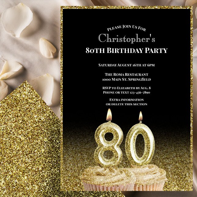 Black and Gold 80th Birthday Invitation For Him (Creator Uploaded)