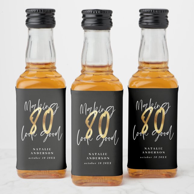 Black and gold 80th birthday party favour  liquor bottle label (Bottles)