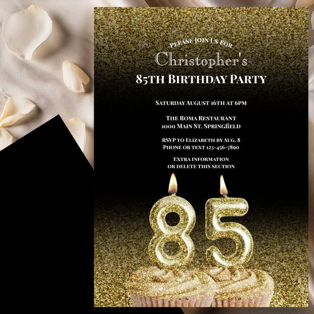 Black and Gold 85th Birthday Invitation For Him (Creator Uploaded)