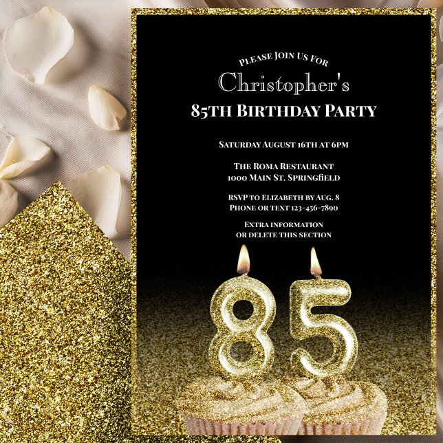 Black and Gold 85th Birthday Invitation For Him (Creator Uploaded)
