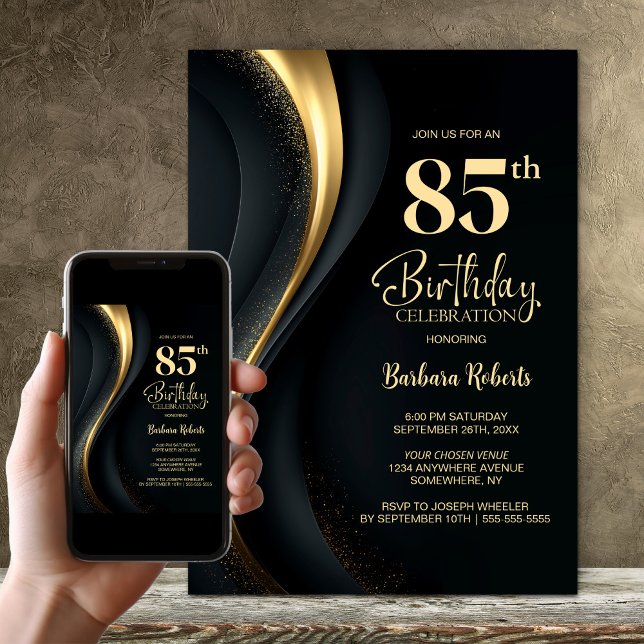Black and Gold 85th Birthday Party Invitation (Creator Uploaded)