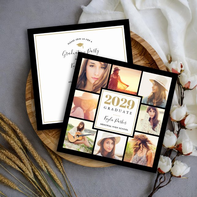 Black and Gold | 8 Photo Square Graduation Party Announcement (Creator Uploaded)