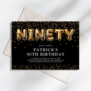 Black and Gold 90th Birthday Balloons Invitation
