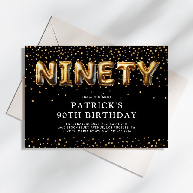Black and Gold 90th Birthday Balloons Invitation (Creator Uploaded)