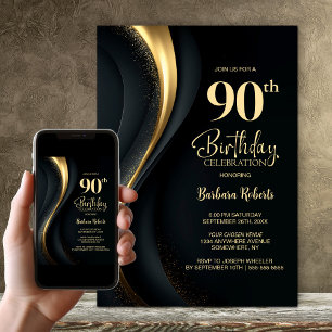 Black and Gold 90th Birthday Party Invitation