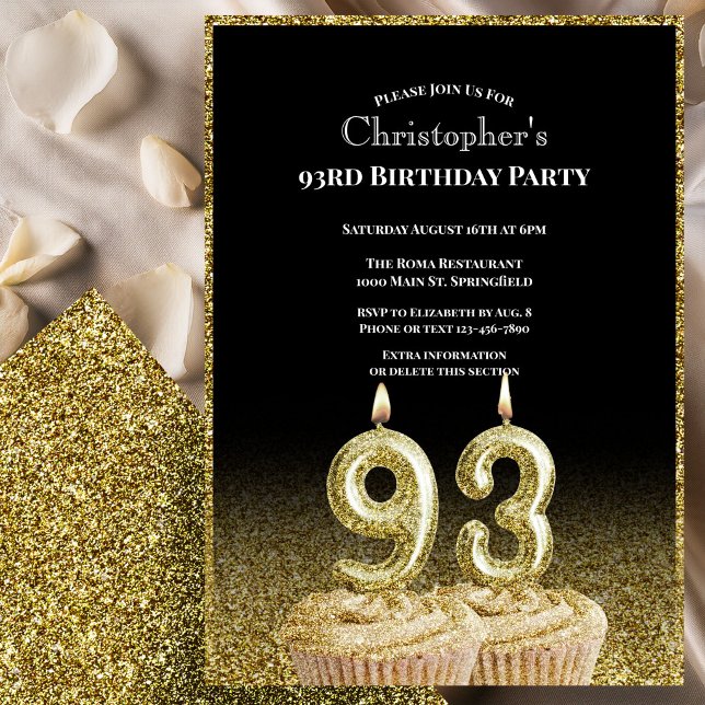 Black and Gold 93rd Birthday Invitation For Him (Creator Uploaded)