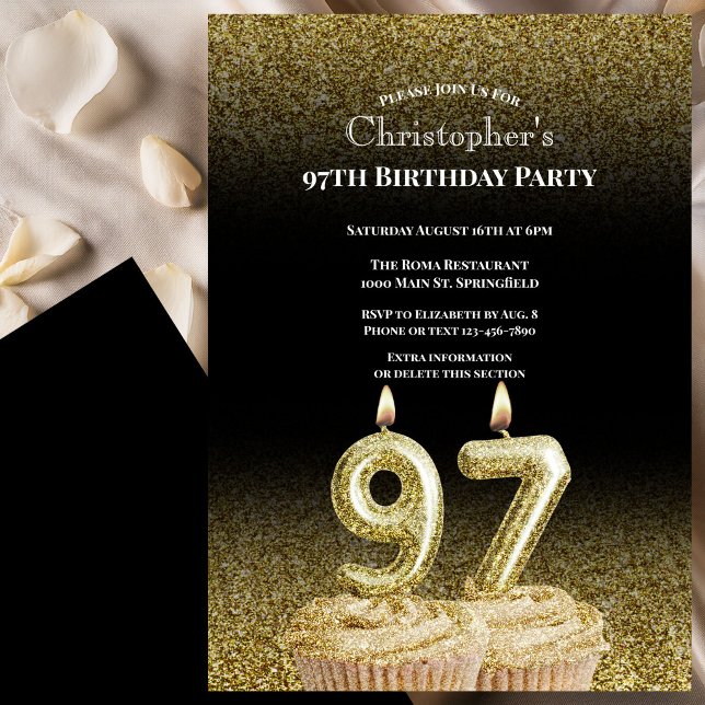 Black and Gold 97th Birthday Invitation For Him (Creator Uploaded)