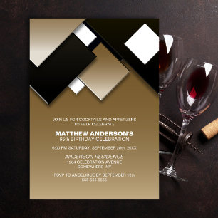 Black and Gold Abstract 65th Cocktail Birthday Invitation
