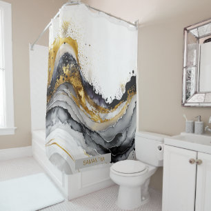 Black and Gold Abstract Alcohol Ink (6) Shower Curtain