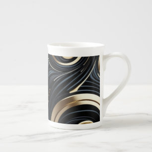 Black and Gold Abstract Flowing Swirls Bone China Mug