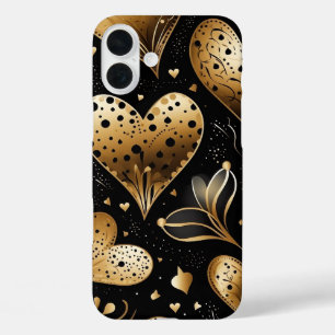 BLACK AND GOLD ABSTRACT VALENTINE LOVE HEARTS iPhone 16 PLUS CASE