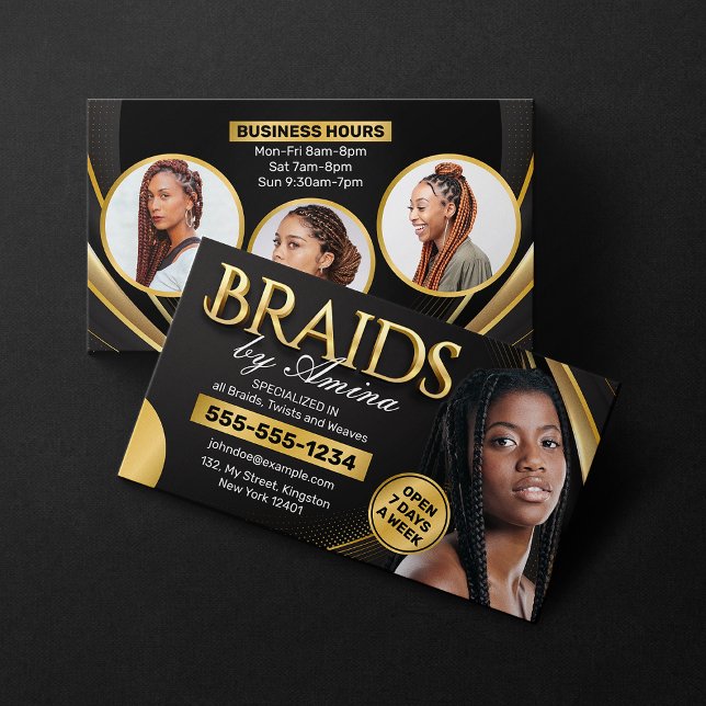 Black and Gold African Hair Braiding Salon Photo Business Card (Creator Uploaded)
