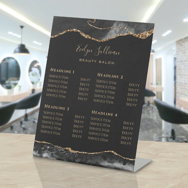 Black and Gold Agate Beauty Salon Price List Pedestal Sign (Creator Uploaded)