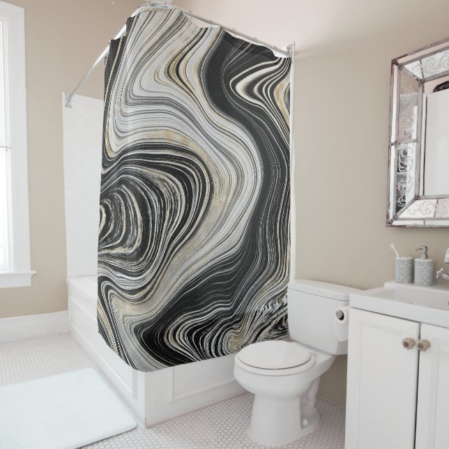 Black and Gold Agate Design Shower Curtain (In Situ)