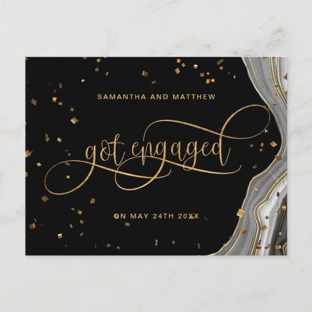 Black and Gold Agate, Got Engaged, Engagement Announcement Postcard (Front)
