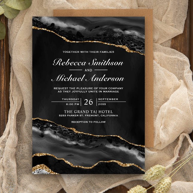 Black and Gold Agate Marble Wedding Invitation (Creator Uploaded)