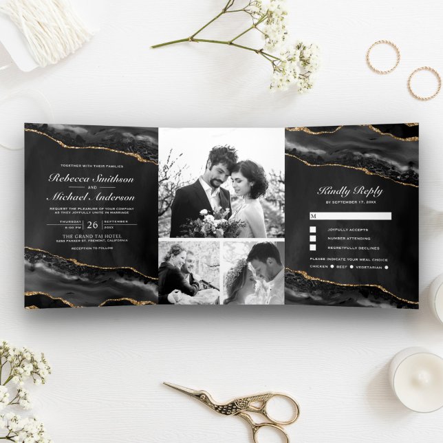 Black and Gold Agate Photo Collage Wedding Tri-Fold Invitation (Creator Uploaded)