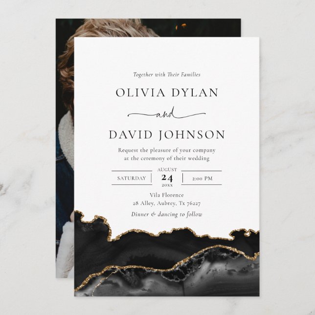 Black and Gold Agate Photo Wedding Invitation (Front/Back)