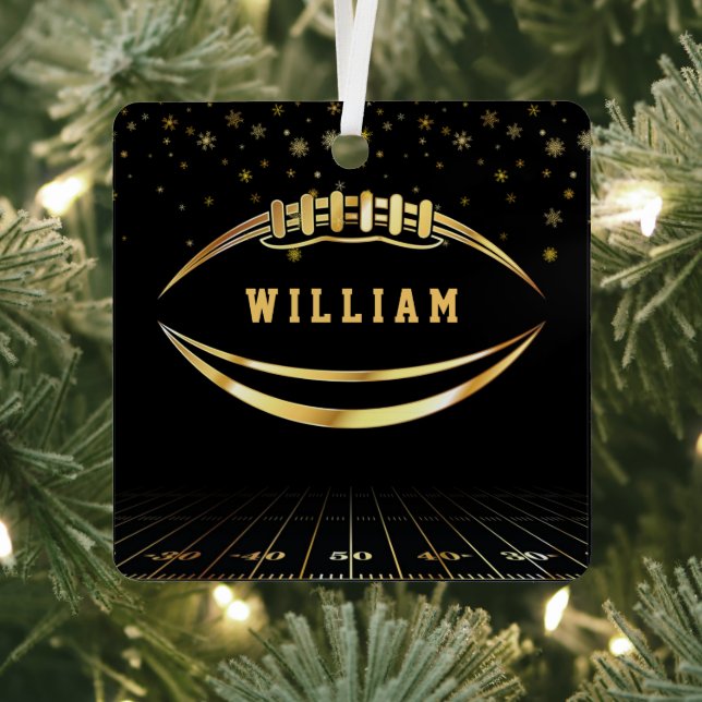 Black and Gold American Football Field Custom Name Metal Tree Decoration (Insitu)