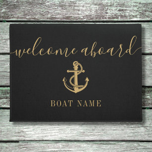 Black And Gold Anchor Boat Name Welcome Aboard Doormat