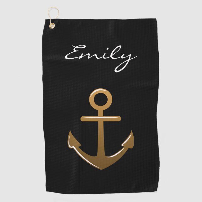 Black and Gold Anchor Golf Towel (Front)