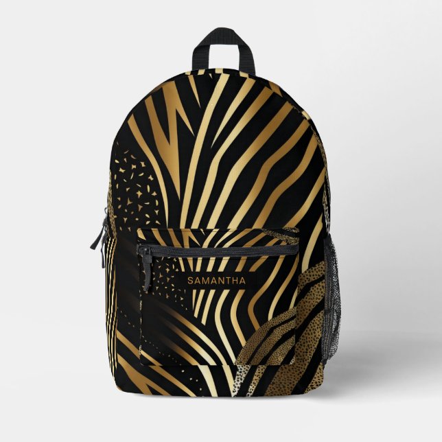 Black and Gold Animal Print (3) Printed Backpack (Front)